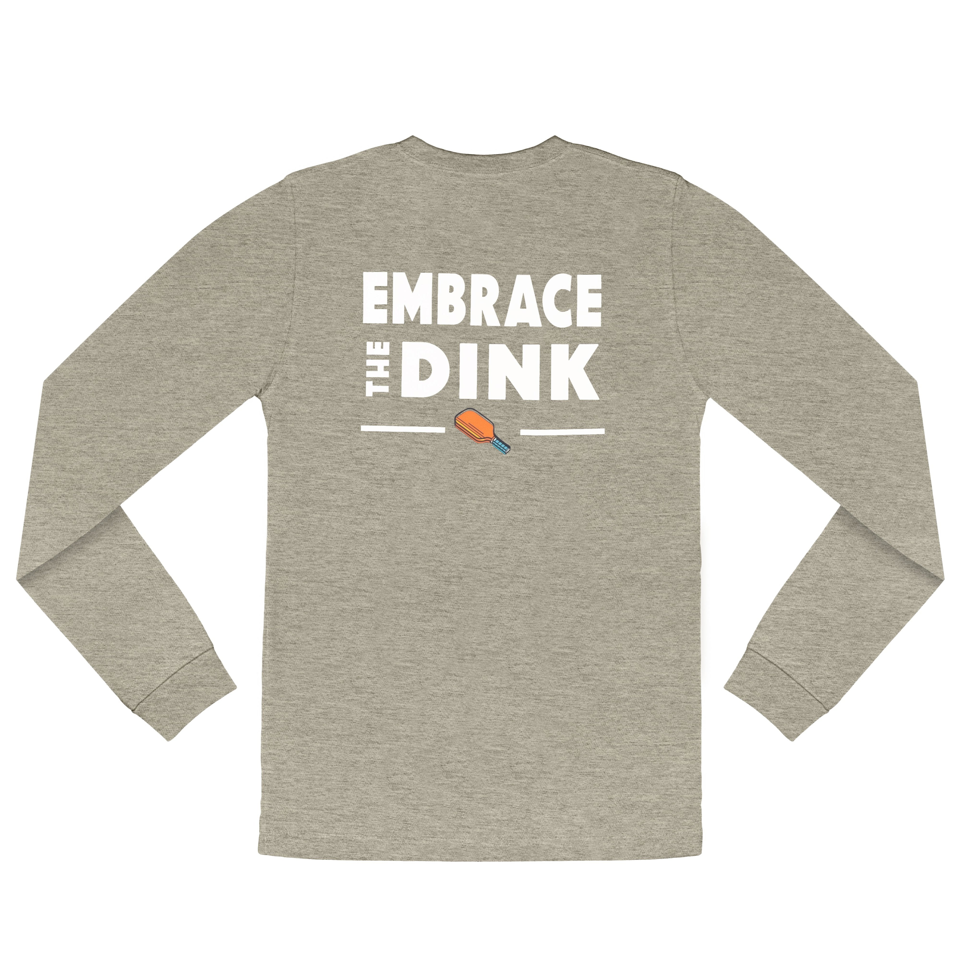 A flat lay of the Embrace the Dink long-sleeve pickleball shirt in Sand, showcasing its minimalist design and lightweight fabric. Ideal for pickleball games or casual wear, this shirt adds versatility to your pickleball outfits.