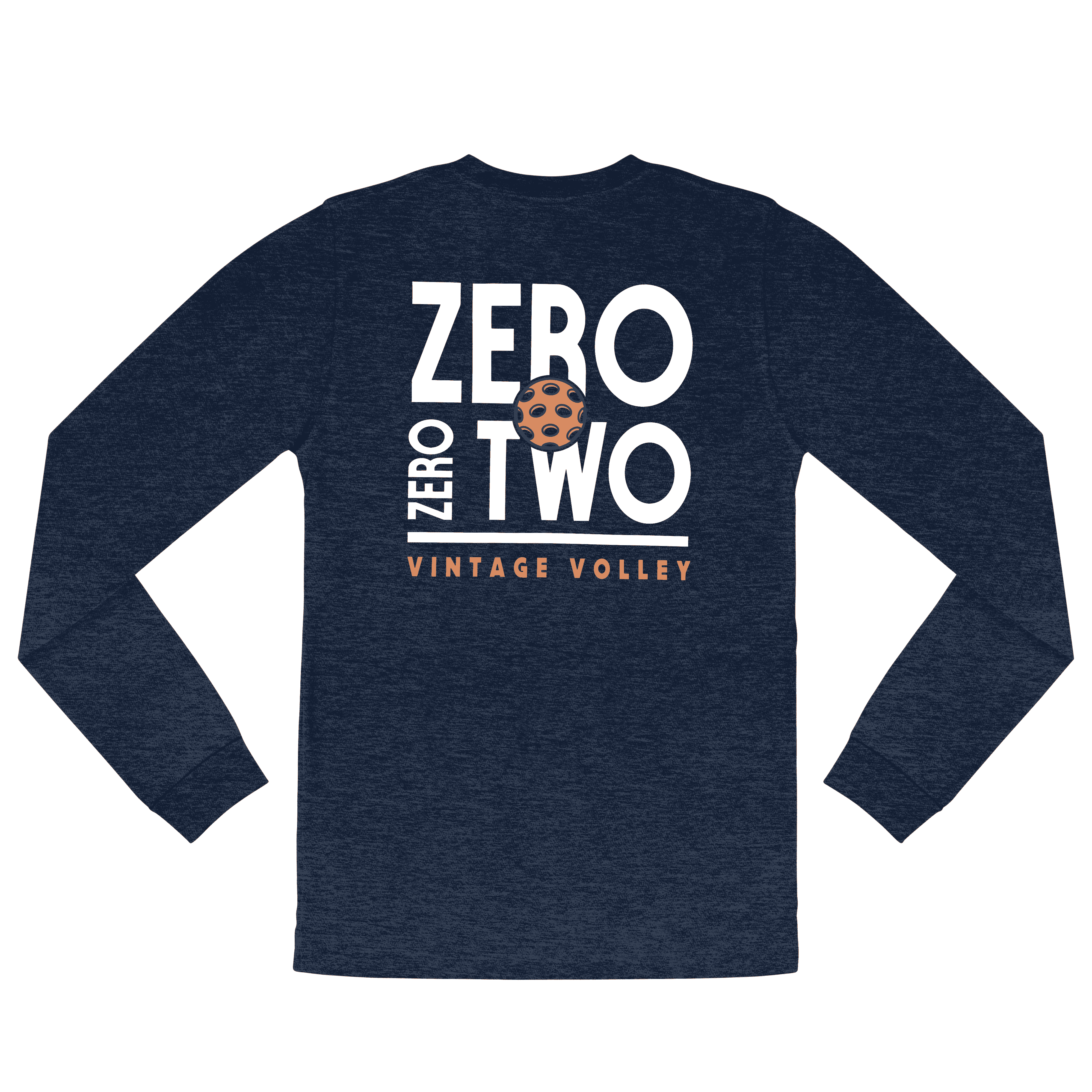 A flat lay of the Zero Zero Two Vintage Volley Long Sleeve Pickleball Shirt in Midnight. Featuring bold white text, a vibrant orange pickleball design, and the words “Vintage Volley,” this shirt adds a stylish edge to your pickleball wardrobe. Perfect for layering or wearing on its own, it’s a must-have for any pickleball game.