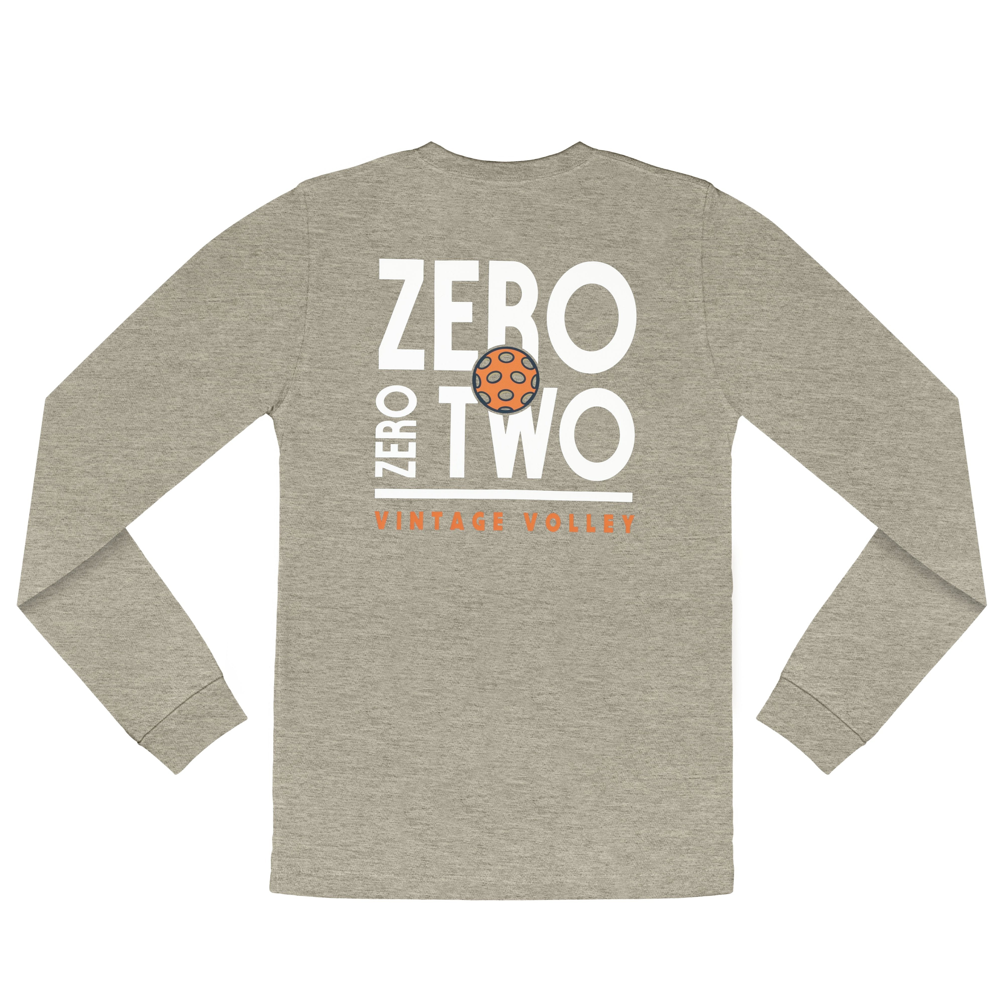 A flat lay of the Zero Zero Two Vintage Volley Long Sleeve Pickleball Shirt in Sand. The lightweight polyester-cotton blend and bold “Zero Zero Two” design make this shirt a standout piece of pickleball apparel, ideal for sport or casual wear.