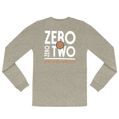 A flat lay of the Zero Zero Two Vintage Volley Long Sleeve Pickleball Shirt in Sand. The lightweight polyester-cotton blend and bold “Zero Zero Two” design make this shirt a standout piece of pickleball apparel, ideal for sport or casual wear.